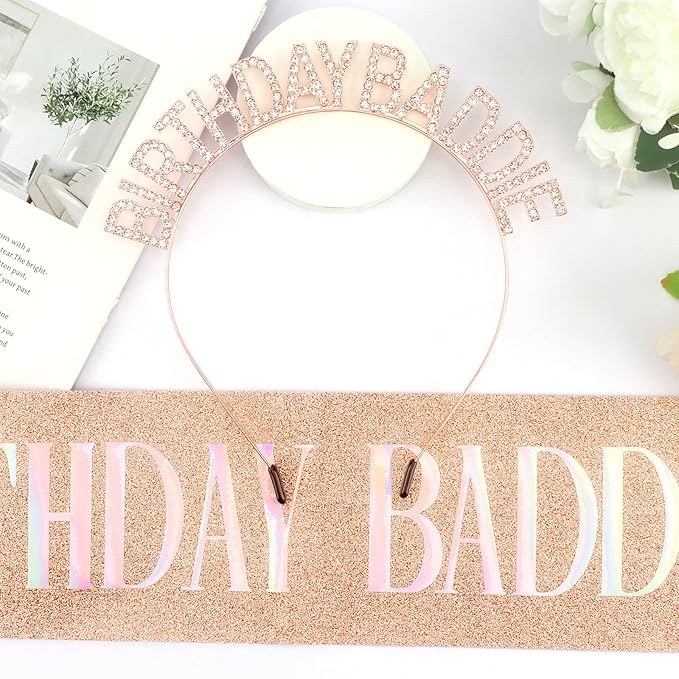 Aprince Birthday Baddie Sash and Tiara Crown for Women Girls Rose Gold Happy Birthday Headband Accessiores Party Decorations
