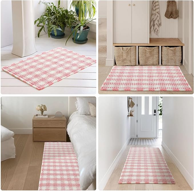 Waffle Bath Mat, Boho Bathroom Rugs Non Slip Washable Absorbent Checkered Bathroom Mat Quick Dry Cute Bath Mat, 24"x16" Pink and White