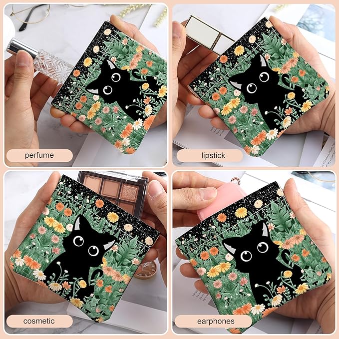 2Pcs PU Leather Small Squeeze Coin Purse Pouch Mini coin Bag Unique And Cute Wallet Cosmetic Bags Change Bag For Women Girls Men （Flowers and Black Cats