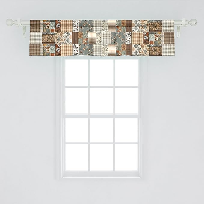 Ambesonne Cottagecore Window Valance, Modern Maximalist Design of Leaves Plaid Stripes Farmhouse Themed, Curtain Valance for Kitchen Bedroom Decor with Rod Pocket, 54" X 12", Taupe Grey Teal Orange