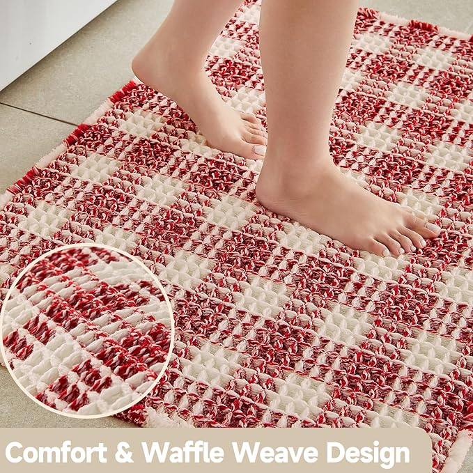 Waffle Runner Rug Bathroom, Long Boho Christmas Bathroom Rugs Non Slip Washable Absorbent Checkered Bathroom Mat Quick Dry Cute Bath Mat, 72"x24" Red and White