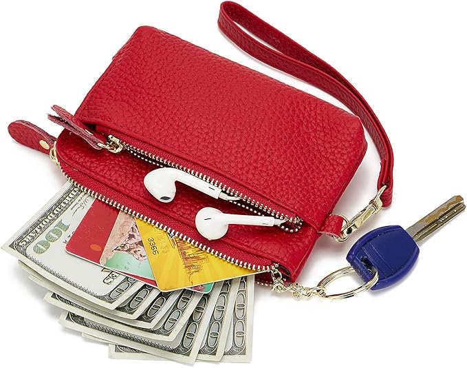 Genuine Leather Coin Purse for Women with Large Opening & Wrist Strap Navy (Red)