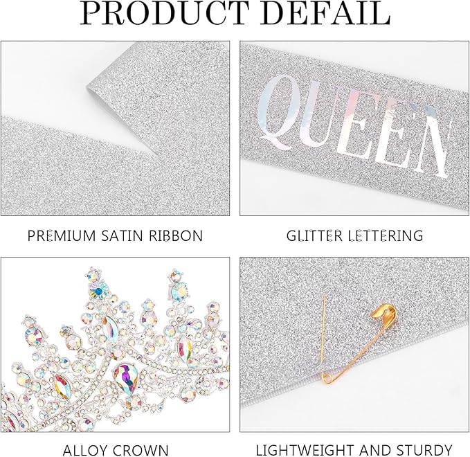 COCIDE Birthday Queen Sash for Women, Tiara and Rhinestone Headband Set, Glitter Crown Hair Accessories for Girls Party Supplies and Decorations