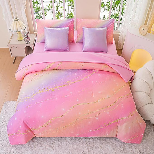 Rainbow Bedding Set Queen Size – 6-Piece Reversible Girls Comforter with Deep-Pocket Sheet, Gradient Galaxy Design, Whole-Piece Filling, Machine Washable Bed-in-a-Bag for Kids Room Makeover & Gifts