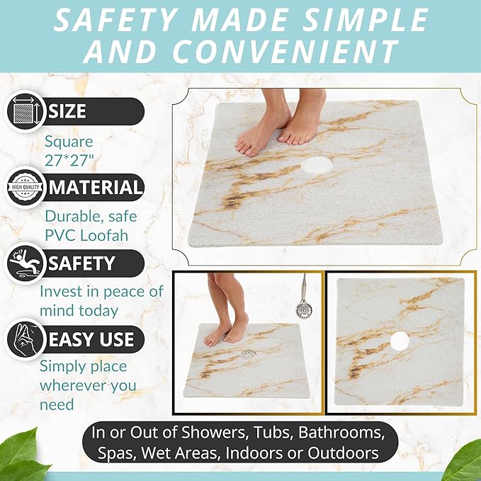 Enkosi Loofah Shower Mat with Drain Hole – Cushioned Anti-Slip Square Bath Mat for Showers, and Bathroom Floors – Textured PVC, Non Slip Safety Pad for Walk-In Stalls and Wet Areas (27x27 Marble Gold)
