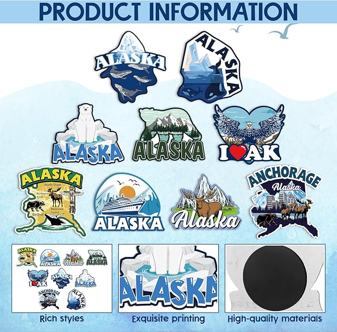 18 Pcs Alaska Cruise Fridge Magnetic Stainless Steel Alaska Cruise Refrigerator Magnetic Stickers Include Polar Bears, Whales, Moose, Glacier Signs Magnet for Carnival Stateroom Cabin Party Decor