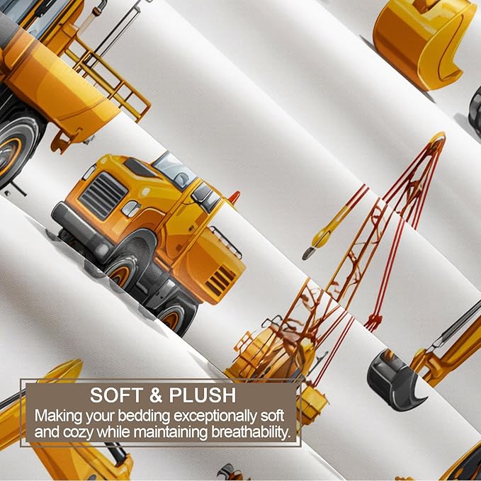 Construction Truck Bedding Set Full Size Construction Vehicles Duvet Cover Excavator Dump Truck Crane Comforter Cover Children Machinery Cars Bedding Set with Zipper Ties for Bedroom