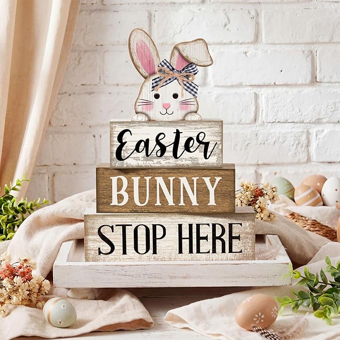 4 Pcs Easter Table Decoration Wooden Rabbit Easter Tiered Tray Decor Cute Bunny Centerpiece Rustic Wooden Bunny Block Sign Farmhouse Holy Week Party Decoration for Home Kitchen Shelf