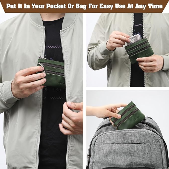 Jack&Chris Coin Purse Pouch for Men, Genuine Leather Coin Purse Zipper Pocket with Keychain Ring, Coin Bag for Men,JC301-Green