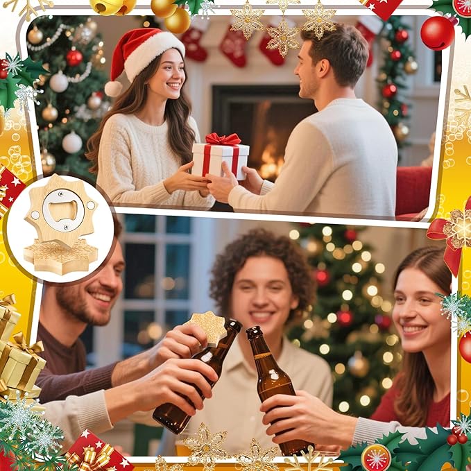 Vesici 12 Pcs Magnetic Bottle Opener 2.5in DIY Bamboo Snowflake Shape Beer Openers Wooden Fridge Magnet Refrigerator Sticker Gift for Beer Lover Wedding Guest Kitchens Bars Parties