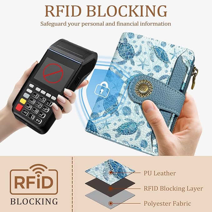 Sea Turtle Small Wallet Women RFID Blocking Bifold, Credit Card Holder, Zipper Coin Pocket, PU Leather, Cute, Compact, Travel, 4 ID Window, 14 Card Slots, Cash Purse, Ladies Woman Female Girls