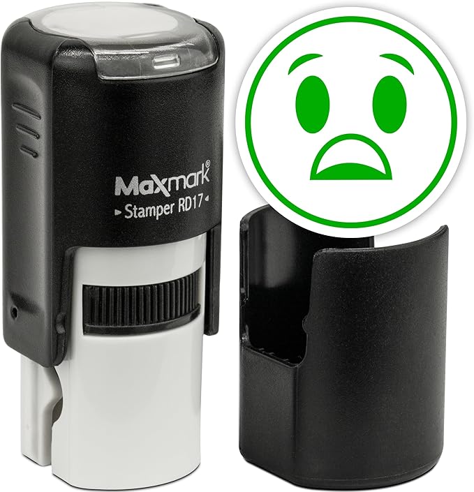 MaxMark Round Self Inking Emoji Stamp - Surprised - Green Ink