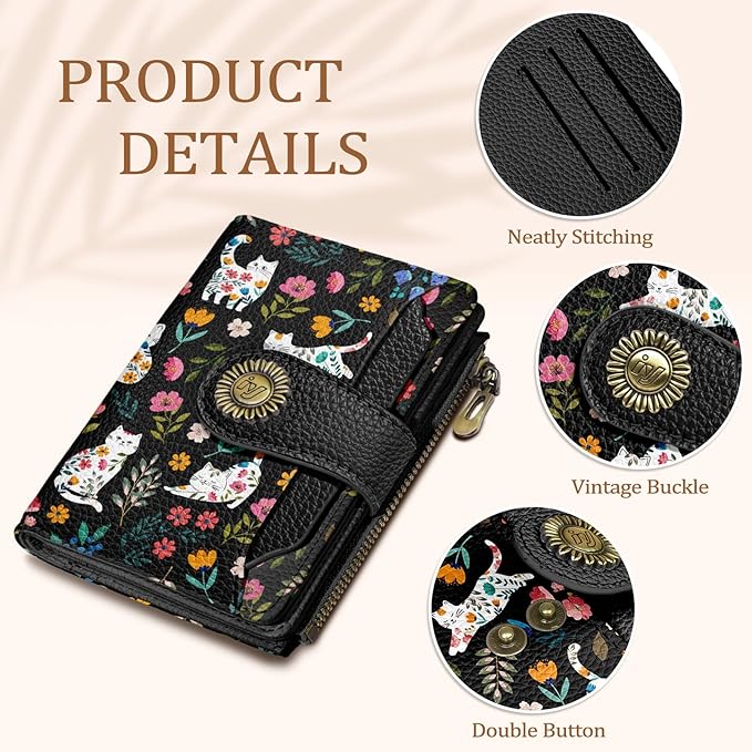 Flowers Cat Wallet Women Small RFID Blocking Bifold, Cute Credit Card Holder, Zipper Coin Pocket, PU Leather, Compact, Travel, 4 ID Window, 14 Card Slots, Cash Purse, Ladies Woman Female Girls
