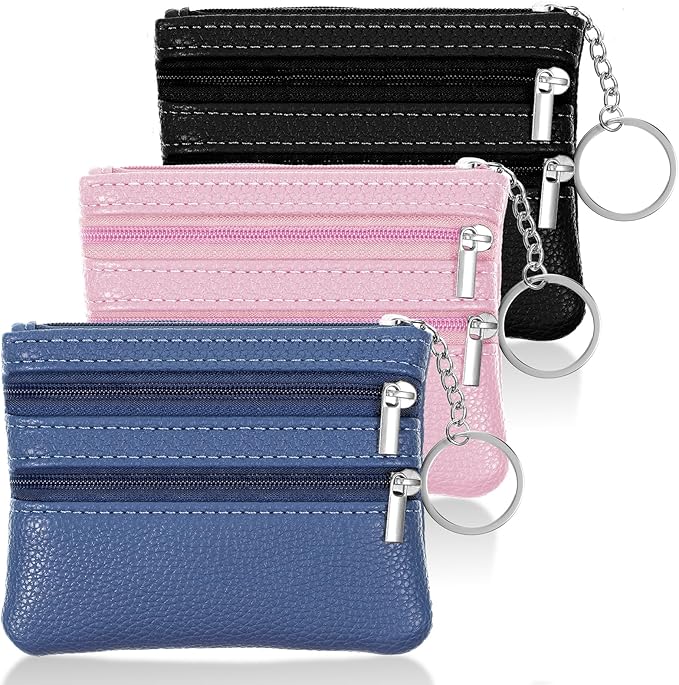 3 PCS Coin Purse Pouch Change Card Holder Wallet Mini Zipper Pouch with Keychain for Women and Men (Black, Blue, Pink)