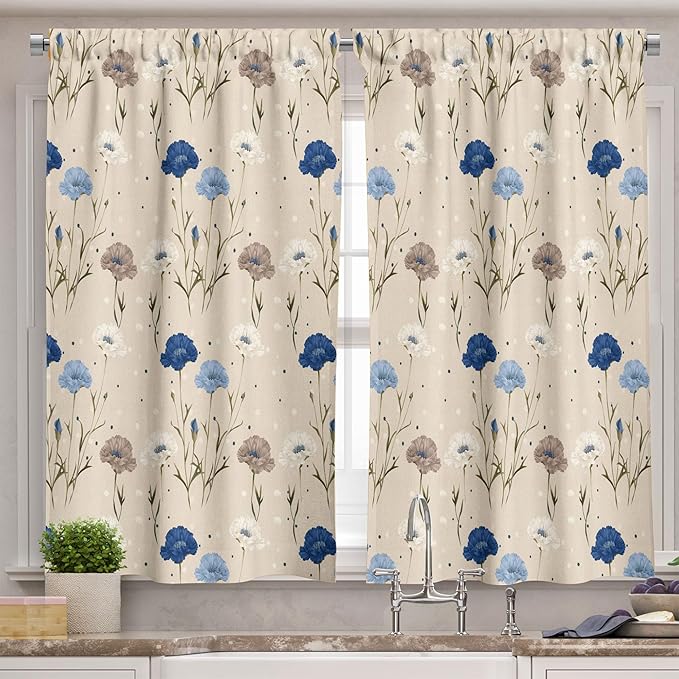 Ambesonne Floral Valance & Tier Curtain 3 pcs Set, Vintage Delicate Cottagecore Flowers in Pastel Tones and Plain Back, Window Treatments for Kitchen Room Decor, 55" x 45", Beige Night Blue Dark Tan