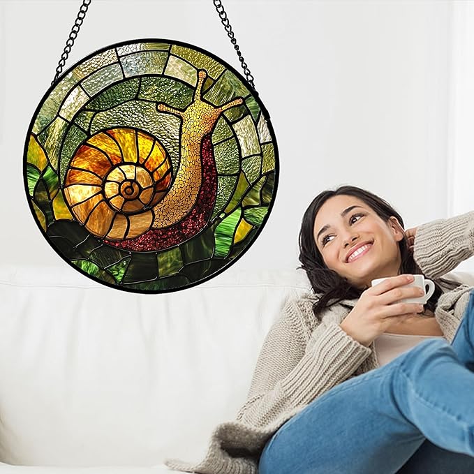 Stained Glass Window Hanging, Green Orange Snail Sun Catcher for Door Home Decor Suncatcher Christmas Mother's Day Birthday Gifts for Women Men Mom and Nana 11.8 in