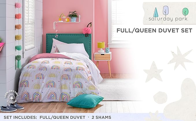 Saturday Park Doodle Rainbow Full/Queen Duvet Cover & Sham Set - 3 Piece 100% Organic Cotton Duvet Set - GOTS & Oeko-TEX Certified