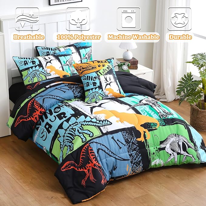 4 Pcs Bed in A Bag Twin Comforter Set for Boys, Dinosaur Bedding Sets with Sheets for Kids
