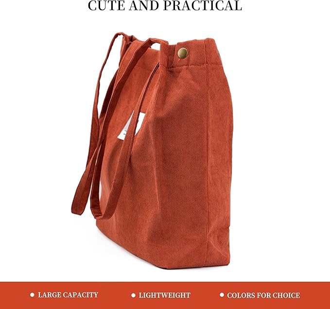 Corduroy Tote Bag Cute Tote Bags for Women Shoulder Bag with Inner Pocket for Work Beach Travel and Shopping Grocery