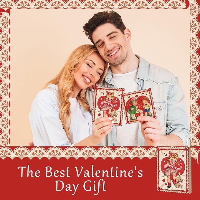 Wenqik 8 Pcs Vintage Valentine's Day Decorations Retro Valentine Wooden Sign Table Centerpiece Ornaments Farmhouse Red Heart Tiered Tray Decor for Home Tabletop Shelf Supplies, 8 Styles