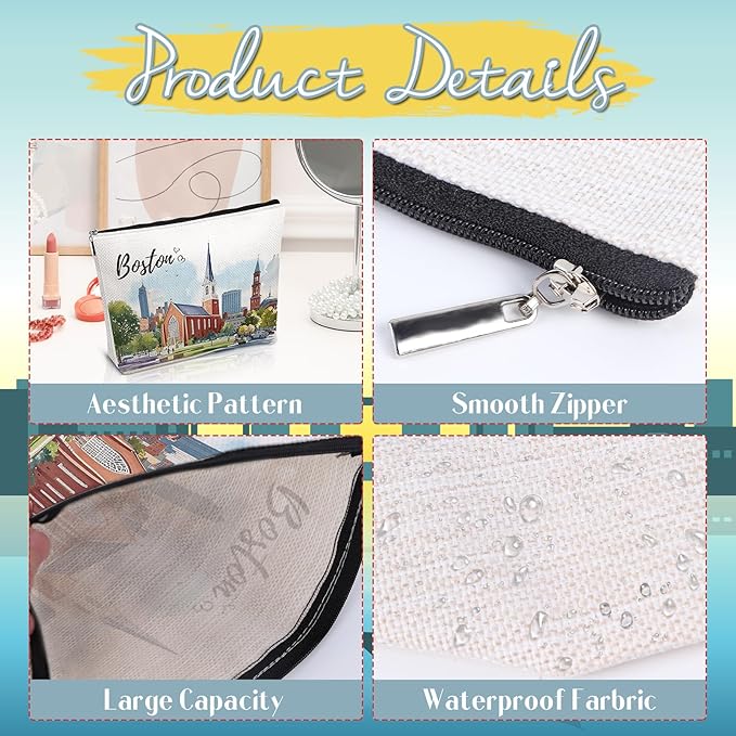 Boston Bag Souvenir Gifts - Boston City Travel Makeup Bag, Boston Theme Watercolor Cosmetic Bag, Boston Lovers Gifts, Massachusetts Gift for Women Girls Traveller