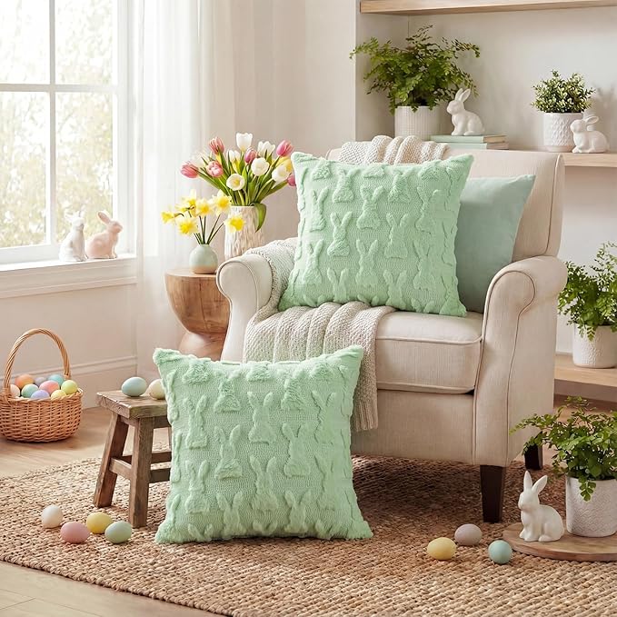 AVOIN colorlife Easter Rabbits Green Throw Pillow Covers, 16 x 16 Inch Bunny Soft Plush Faux Fur Jacquard Cushion Case Decoration for Sofa Couch Set of 2