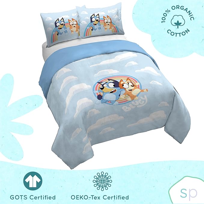 Saturday Park Bluey and Bingo Rainbow Clouds Full/Queen Duvet Cover & Sham Set - 3 Piece 100% Organic Cotton Duvet Set - GOTS & Oeko-TEX Certified