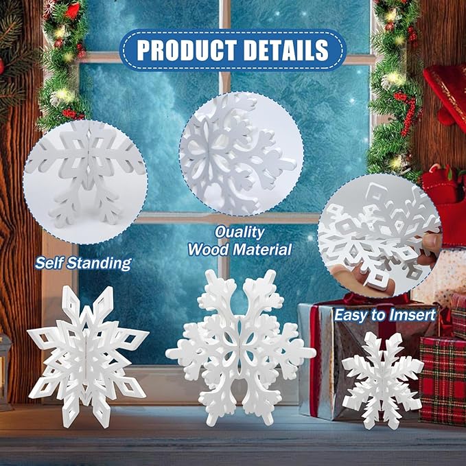 48 Pcs Wooden Snowflakes Table Decor for Christmas Table, 3D Snowflake Tabletop Signs Centerpiece for Xmas Winter Wonderland Decorations Home Party(White)