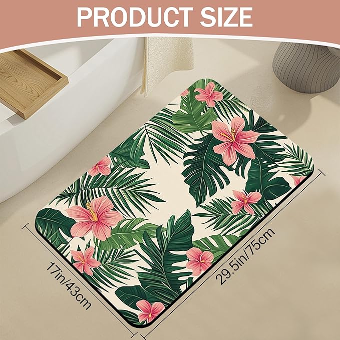 Tropical Leaves Bath Mat,Pink Flower Diatomaceous Earth Bath Mat,Rubber Backing Quick Dry Absorbent Washable Bathroom Rugs for Tub Non Slip 17"x29.5"