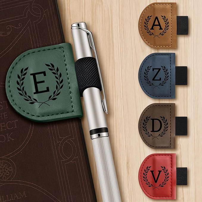Personalized Bygone Mark Bookmark with Pen Holder,Engraving Leather Magnetic Bookmarks Vintage 26 Letters Name Initials Text Book Marker Clips Gifts for Reading Book Lovers Women (Red, I)