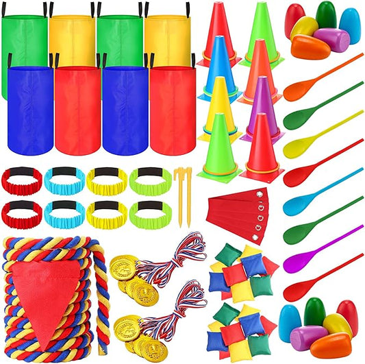 Wettarn 70 Pcs Christmas Indoor Games Potato Sack Race Bags for Teens Adult Egg Spoon Bean Bags Ring Toss 3 Legged Relay Race Tug of War Rope Family Reunions Games for Christmas Eve Celebrations