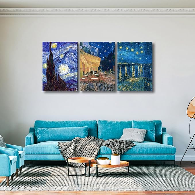 Wieco Art Large 3 Panels Canvas Prints of Vincent Van Gogh Paintings Reproduction Starry Night Over the Rhone Cafe Terrace at Night Canvas Wall Art for Living Room Home Office Decor
