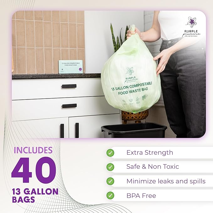 PurplePlumeria 13 Gallon Compostable Trash Bags - BioBased - Extra Strength - Plant-Based Plastic - Eco-Friendly, Sea Green
