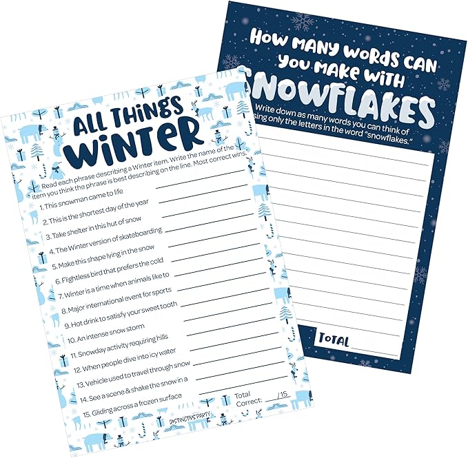 DISTINCTIVS Winter Holiday Party Bundle All Things Winter Trivia Guessing Game & Snowflakes Anagram Word Game - 25 Dual Sided Cards for Players