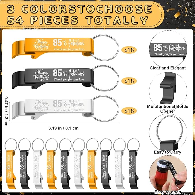 Dandat 54 Sets 85th Birthday Party Favors for Guests Birthday Opener Keychain Cheers to 85 Bottle Opener Keychain with Thank You Cards and Gift Bags for Anniversary Wedding Party Favors