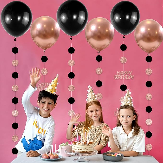 Rose Gold and Black Happy Birthday Decorations, 6PCS Glittery Circle Dots Garland and 6PCS Rose Gold/Black Balloons for Birthday Party Decor Balloon Tails