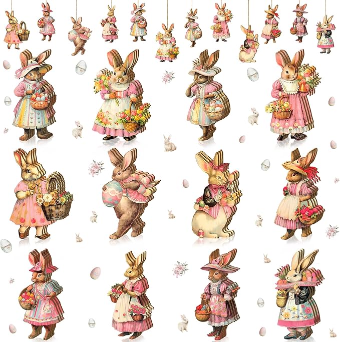 Yookeer 36 Pcs Easter Wooden Ornaments Vintage Bunny Egg Hanging Decorations Pink Rabbit Flower Wood Cutouts Farmhouse Spring Ornaments with Rope for Tree Home Party Decor