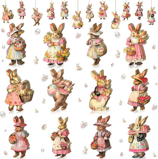 Yookeer 36 Pcs Easter Wooden Ornaments Vintage Bunny Egg Hanging Decorations Pink Rabbit Flower Wood Cutouts Farmhouse Spring Ornaments with Rope for Tree Home Party Decor