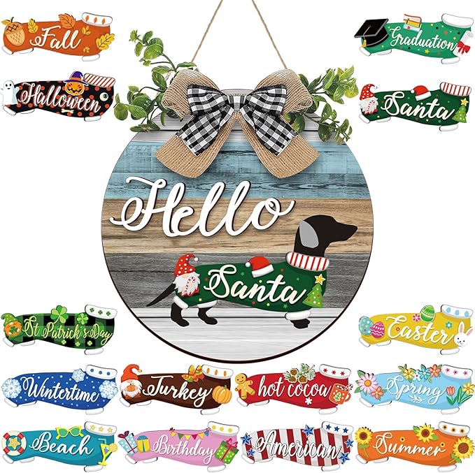 Glenmal 16 Pcs Seasonal Dachshund Door Decor for All Season and Holiday Hanging Cute Christmas Dachshund Welcome Sign Rustic Wooden Farmhouse Front Door Signs Outdoor(Vintage Wood Grain)