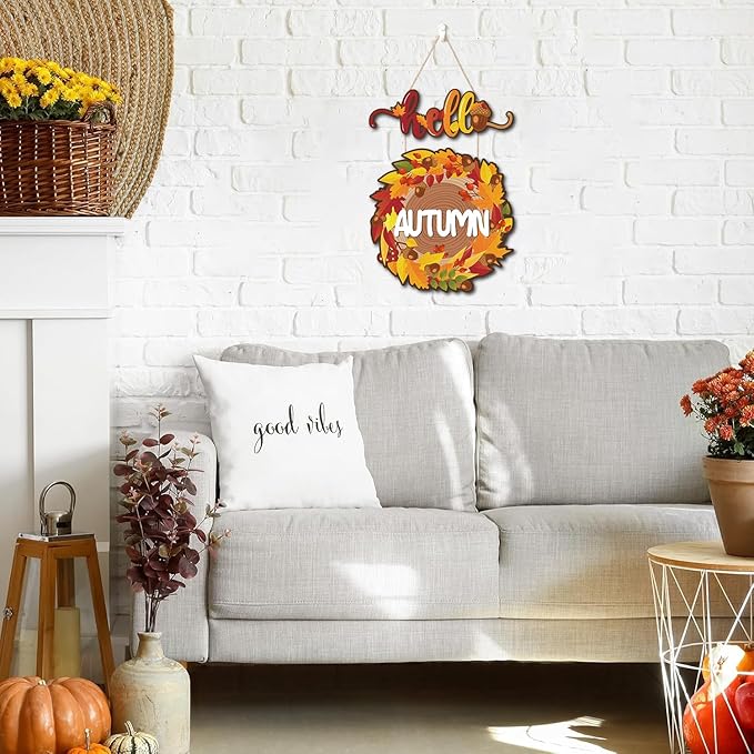 CHDITB Hello Autumn Wooden Sign, Fall Themed Wooden Hanging Plaque, Hello Fall Front Door Hanger, Maple Leaves Wall Art Sign Farmhouse Thanksgiving Living Room Bedroom Office Wall Decor