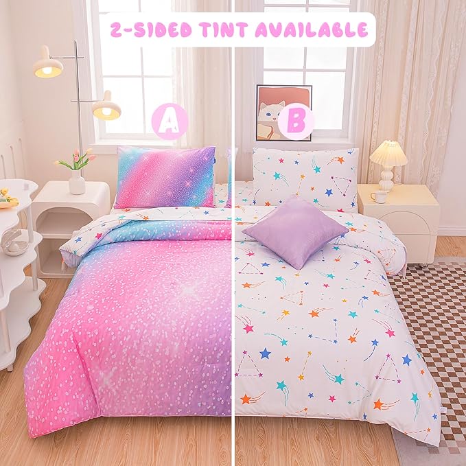 Rainbow Bedding Set Full Size – 6-Piece Reversible Girls Comforter with Deep-Pocket Sheet, Gradient Galaxy Design, Whole-Piece Filling, Machine Washable Bed-in-a-Bag for Kids Room Makeover & Gifts
