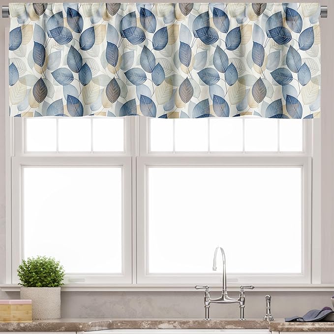 Ambesonne Botanical Valance & Tier Curtain 3 pcs Set, Contemporary Leaves Paint Print in Cold Tones A Winter Call Theme, Window Treatments for Kitchen Room Decor, 55" x 30", Dark Night Blue and Beige