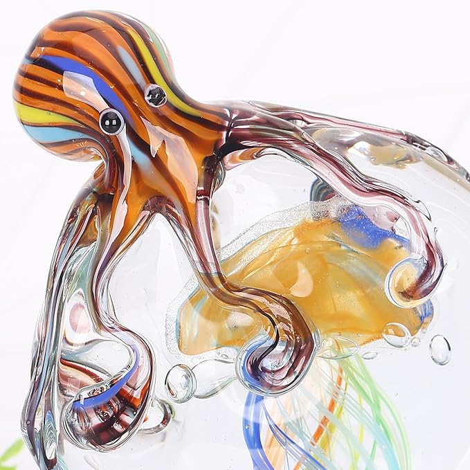 LCCCK Glass Octopus Jellyfish Statue Home Decor, Hand Blown Glass Decor Ocean Figurines Octopus Sculpture, Murano Art Office Desk Paperweights Fish Tank Aquarium Sea Animals Christmas Birthday Gift