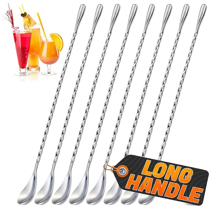 8 Pcs Long Bar Spoons – 12'' Stainless Steel Bar Stirring Spoon for Drinks, Polished Surface, Easy to Clean – Mixer Spoon for Cocktails, Coffee, Milkshakes, Smoothies | Professional and Home Use