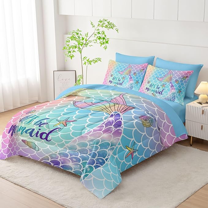 7Pcs Mermaid Tail Comforter Set Rainbow Scales Printed Bedding Set with 1 Comforter, 1 Flat Sheet, 1 Fitted Sheet and 4 Pillowcases for Girls Bedroom All Season(Twin)