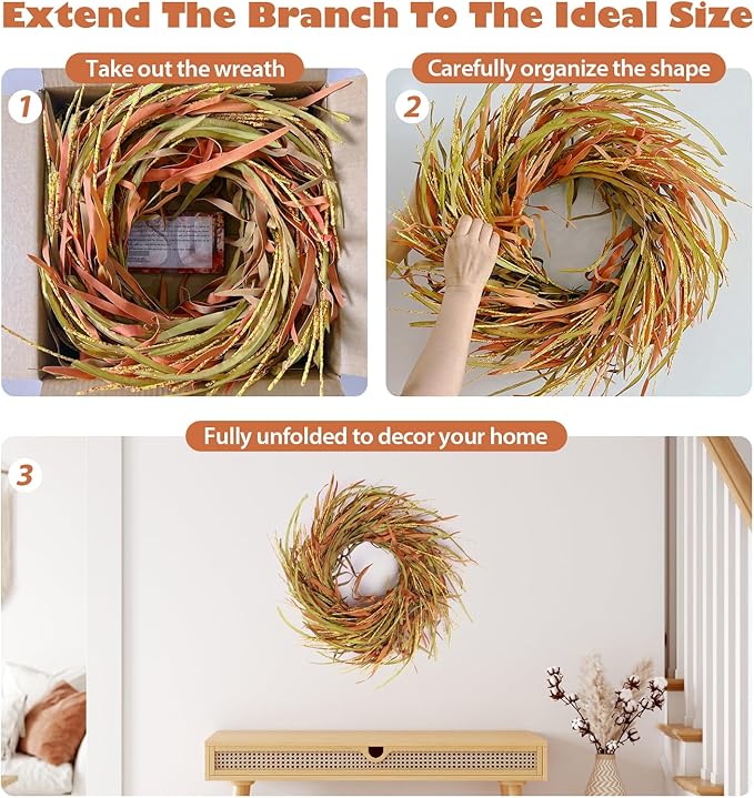 24 Inch Fall Wreath for Front Door Harvest Wreaths with Wheat Leaves and Wheat Ear, Large Autumn Wreath Decor for Farmhouse Wall Window Home Decoration and Halloween Christmas Thanksgiving Celebration