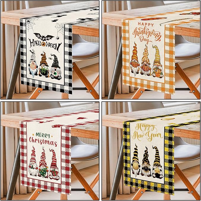 8 Pcs Gnomes Holiday Table Runner 72 Inches Long, Plaid Valentines Day St Patricks Day Easter 4th of July Halloween Thanksgiving Day New Year Christmas Burlap Table Decor for Home Farmhouse