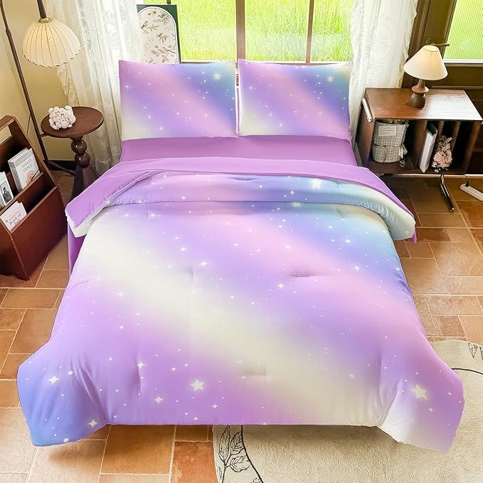 Girls Full Size Bedding Sets Rainbow Bedding – 5 Piece Comforter Set Full, Gradient and Colorful Galaxy Comforter for All-Season – Machine Washable, Durable – Gift Idea for Boys and Girls Room