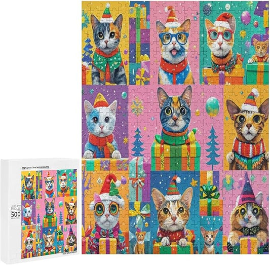 Wooden Puzzle 500 Pieces Adult - Christmas Dog Cat Puzzle Christmas Puzzles, Holiday Puzzles, Family Toys, Party Games, Jigsaw Puzzle Challenge and Funny