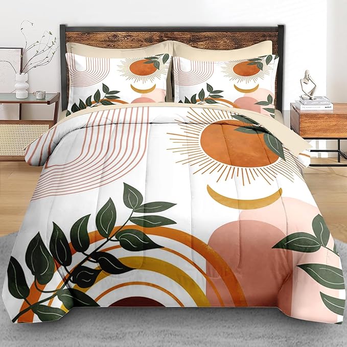 Comforter Set Full Size, Boho Retro 7 Pcs Bedding for Kids and Adults, Vintage Sunshine Bed Sheet Sets with Fitted Sheet 2 Pillowcase & 2 Sham for Bedroom Bed Decor